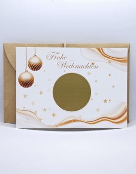 Elegante Weihnachts-Rubbelkarte mit einem goldenen Rubbel-Feld, weihnachtliche Kugeln und Sterne für festliche Überraschungen.